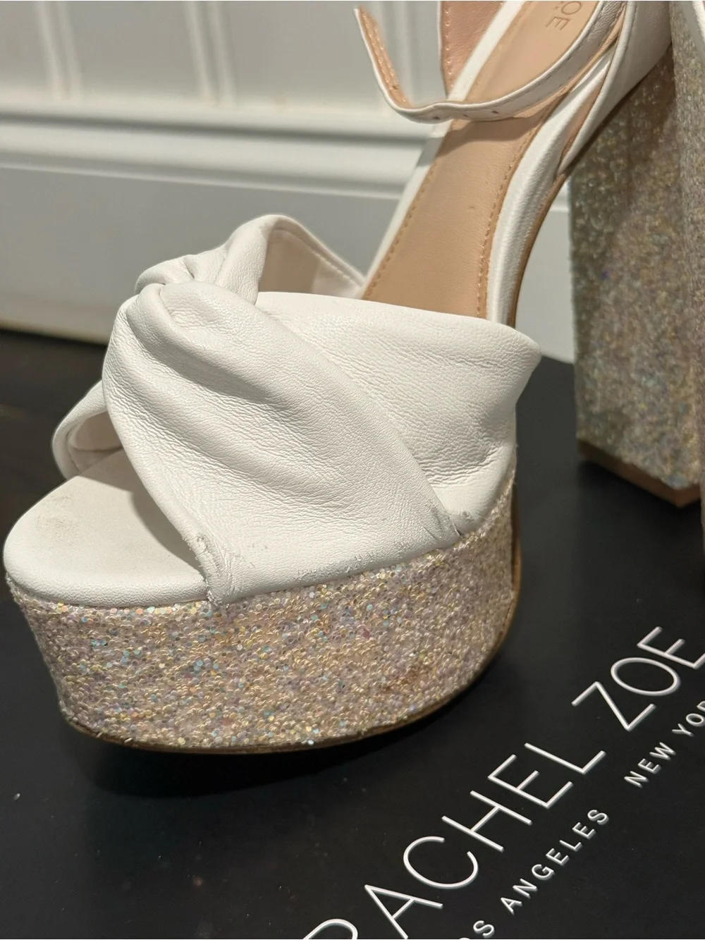 Rachel Zoe White Claudette Platform Sandals with Glitter Heel US 9